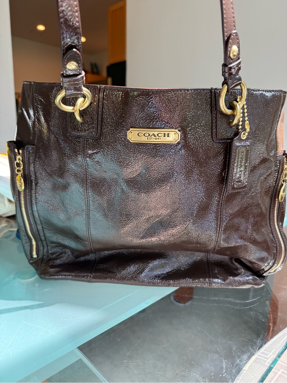 Coach Women's Patent Leather Tote - Dark Brown